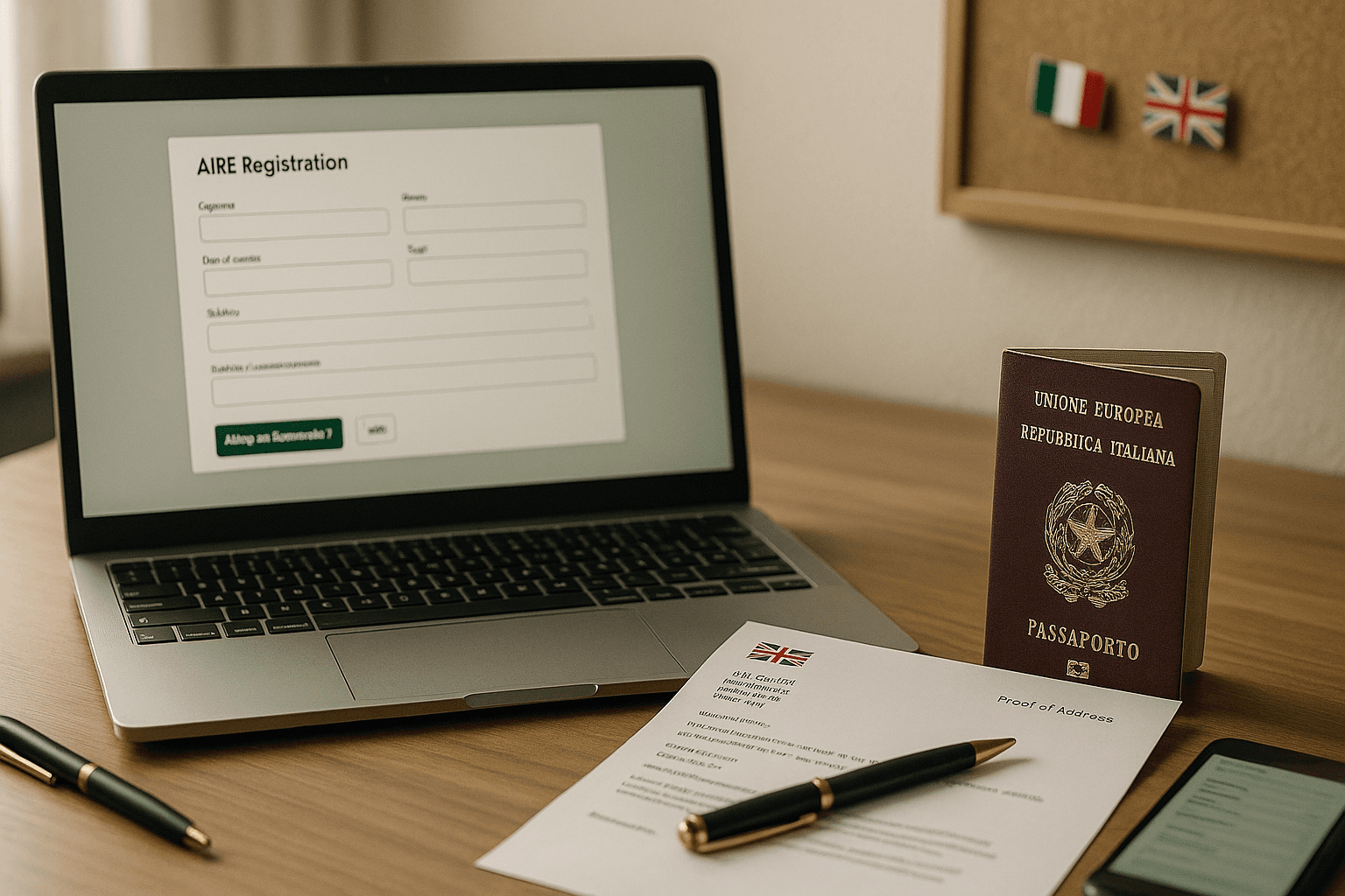 Italian passport and documents on a desk